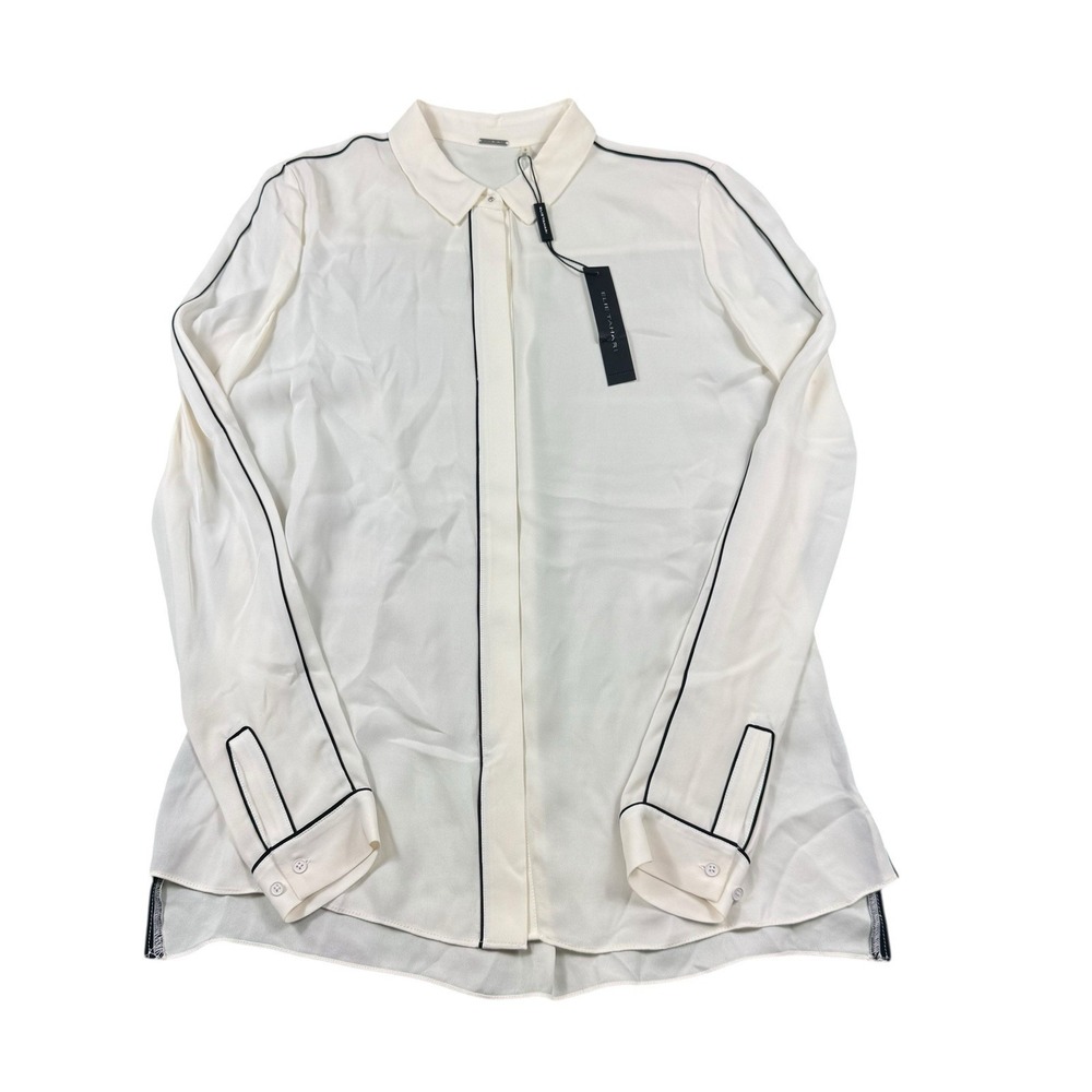 Elie Tahari Yvette Pure Silk Blouse Cream Black Piping E910N536 Mens XS NWT